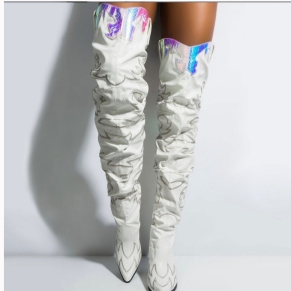 cape robin over the knee white cowboy boots